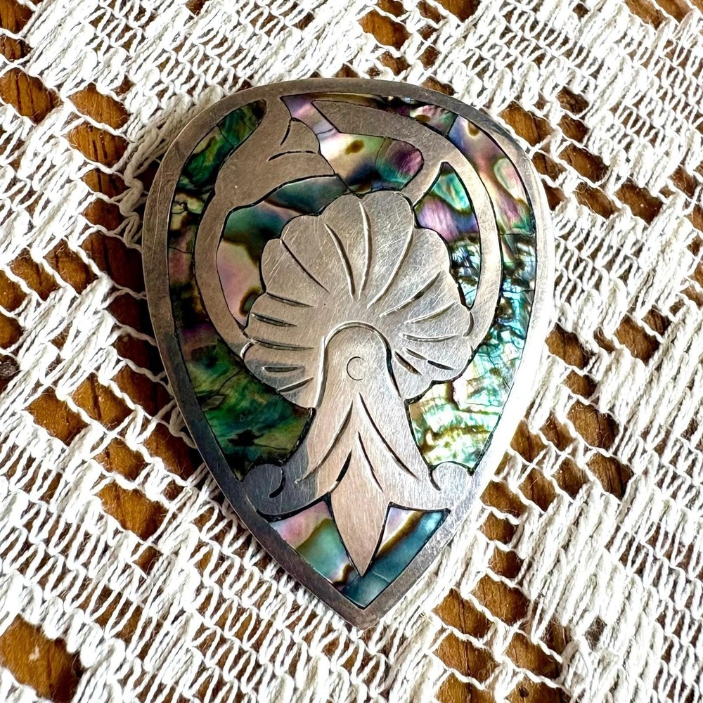 Vintage Taxco Narvaez 925 Sterling Silver‎ Abalone Inlay Brooch Mexico Modernist